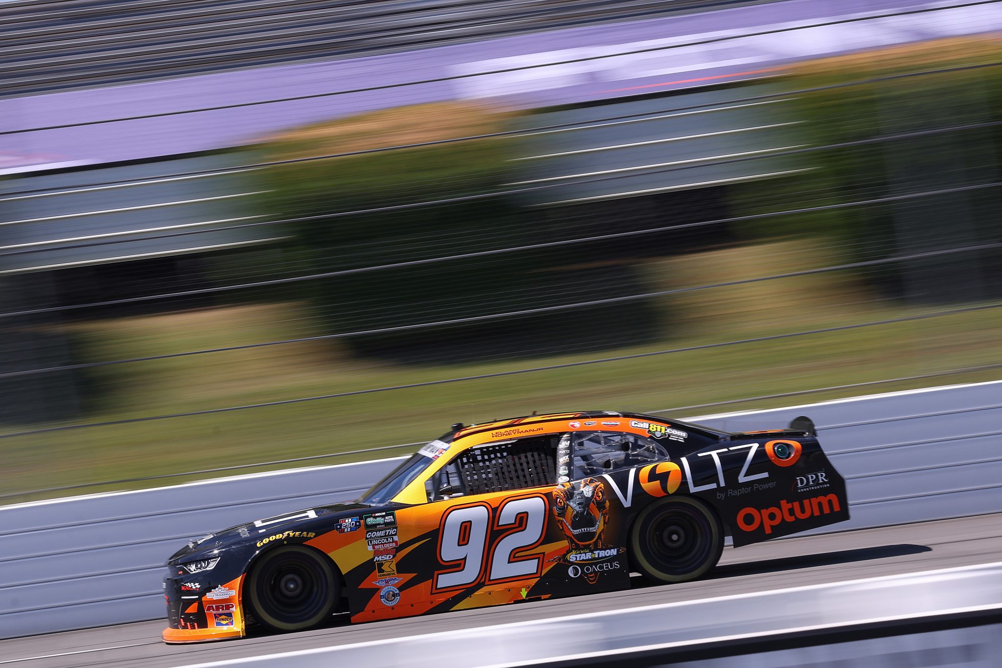 LONG POND, PENNSYLVANIA - JUNE 13: Leland Honeyman Jr., driver of the #92 VOLTZ by Raptor Power Chevrolet, drives during practice for the NASCAR O'Reilly Auto Parts Series MillerTech Battery 250 presented by KOA at Pocono Raceway on June 13, 2026 in Long Pond, Pennsylvania. (Photo by David Jensen/Getty Images) | Getty Images