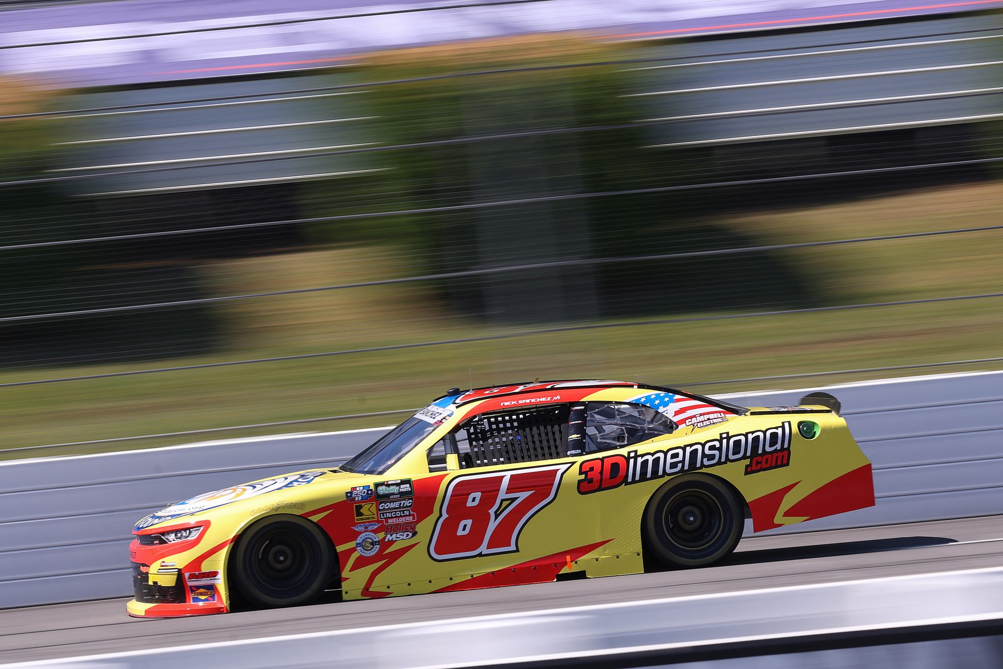 LONG POND, PENNSYLVANIA - JUNE 13: Nick Sanchez, driver of the #87 Peterson Racing Group Chevrolet, drives during practice for the NASCAR O'Reilly Auto Parts Series MillerTech Battery 250 presented by KOA at Pocono Raceway on June 13, 2026 in Long Pond, Pennsylvania. (Photo by David Jensen/Getty Images) | Getty Images