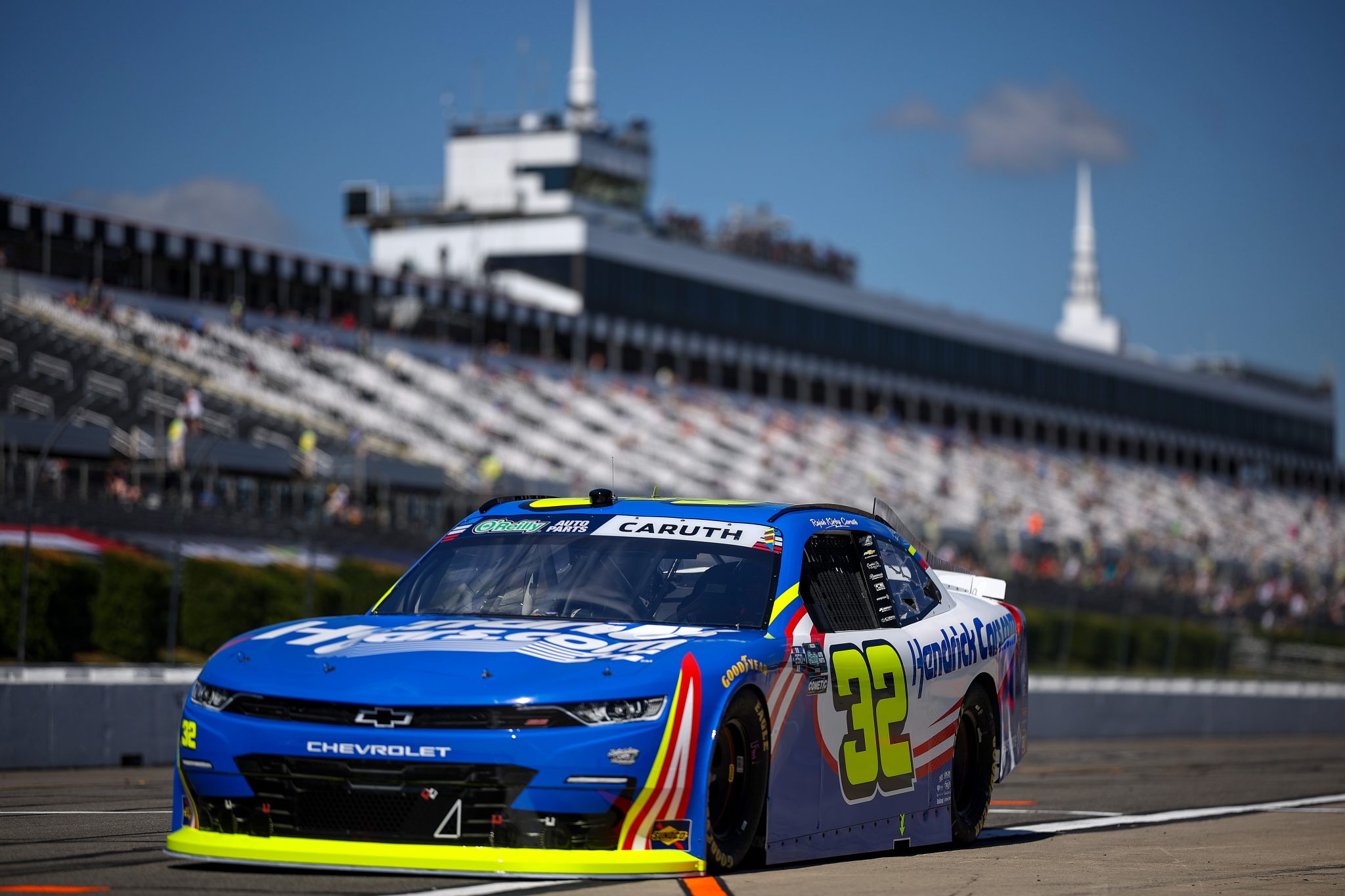 LONG POND, PENNSYLVANIA - JUNE 13: Rajah Caruth, driver of the #32 HenrdickCars.com Chevrolet, drives during practice for the NASCAR O'Reilly Auto Parts Series MillerTech Battery 250 presented by KOA at Pocono Raceway on June 13, 2026 in Long Pond, Pennsylvania. (Photo by James Gilbert/Getty Images) | Getty Images