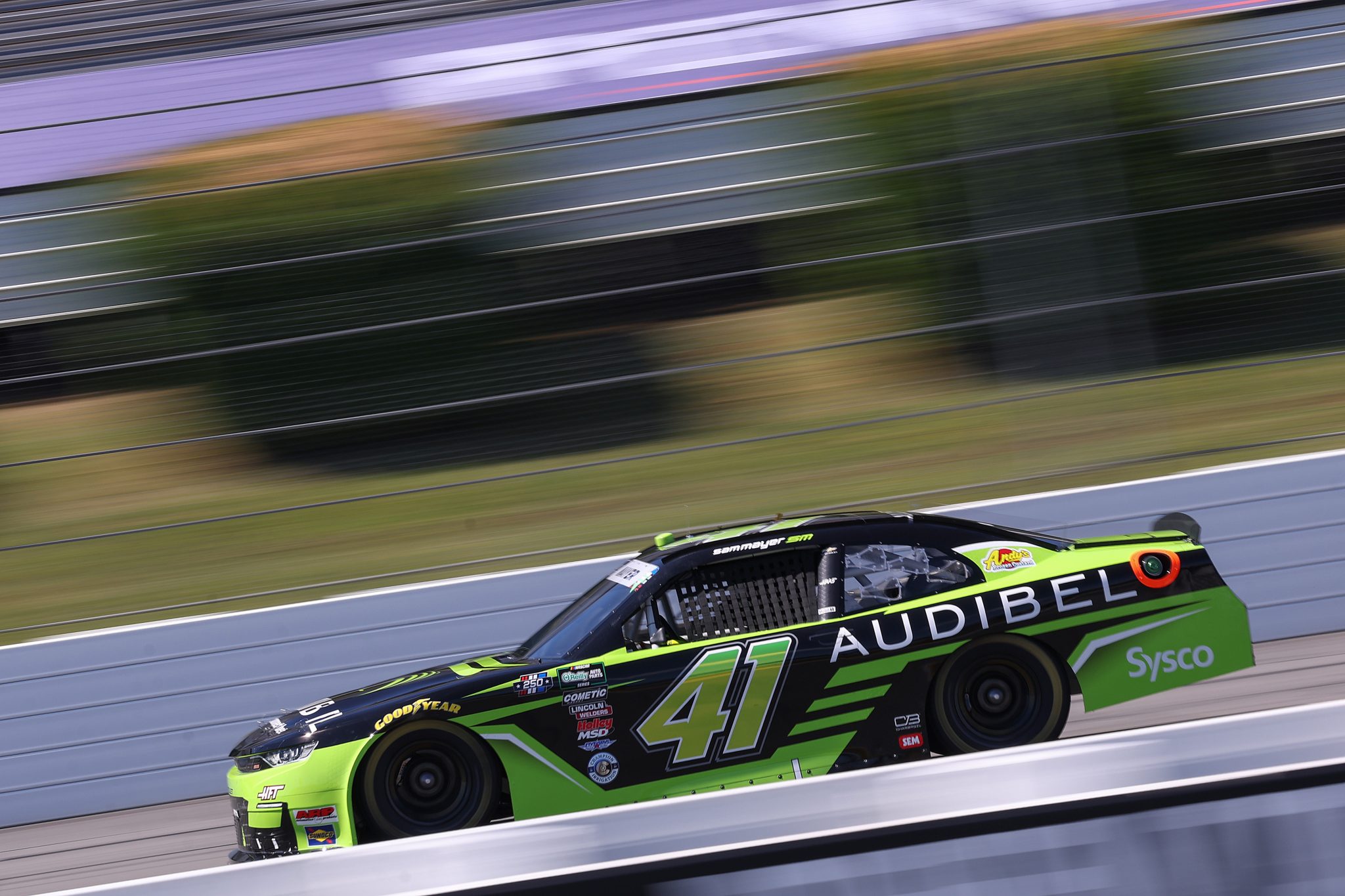 LONG POND, PENNSYLVANIA - JUNE 13: Sam Mayer, driver of the #41 Audibel Chevrolet, drives during practice for the NASCAR O'Reilly Auto Parts Series MillerTech Battery 250 presented by KOA at Pocono Raceway on June 13, 2026 in Long Pond, Pennsylvania. (Photo by David Jensen/Getty Images) | Getty Images