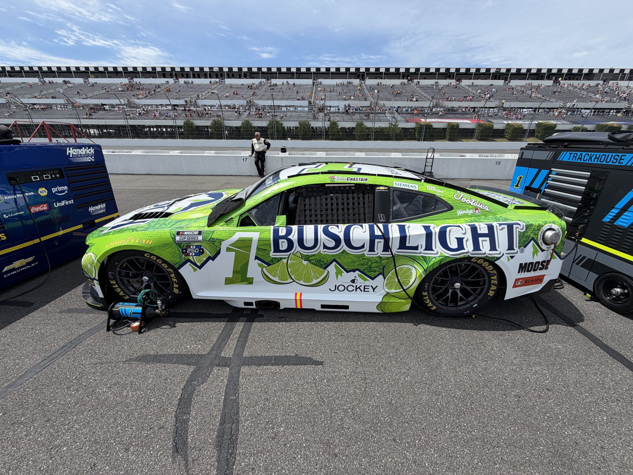 LONG POND, PENNSYLVANIA - JUNE 14: Ross Chastain's #1 Busch Light Lime Chevrolet prior to the NASCAR Cup Series Great American Getaway 400 presented by VISITPA at Pocono Raceway on June 14, 2026 in Long Pond, Pennsylvania. (Photo from Dustin Albino of Jayski.com)