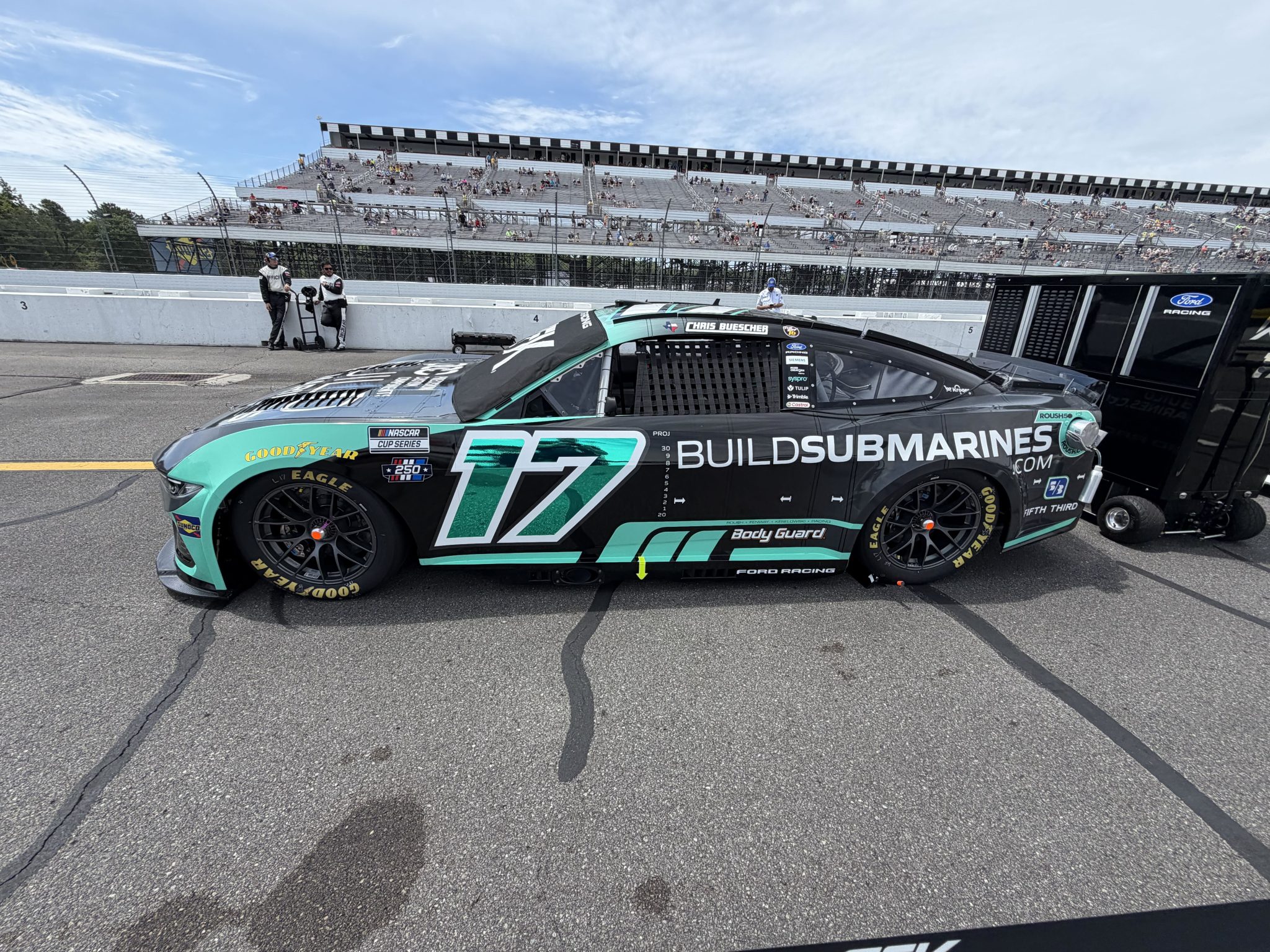 LONG POND, PENNSYLVANIA - JUNE 14: Chris Buescher's #17 BuildSumbarines.com Ford prior to the NASCAR Cup Series Great American Getaway 400 presented by VISITPA at Pocono Raceway on June 14, 2026 in Long Pond, Pennsylvania. (Photo from Dustin Albino of Jayski.com)
