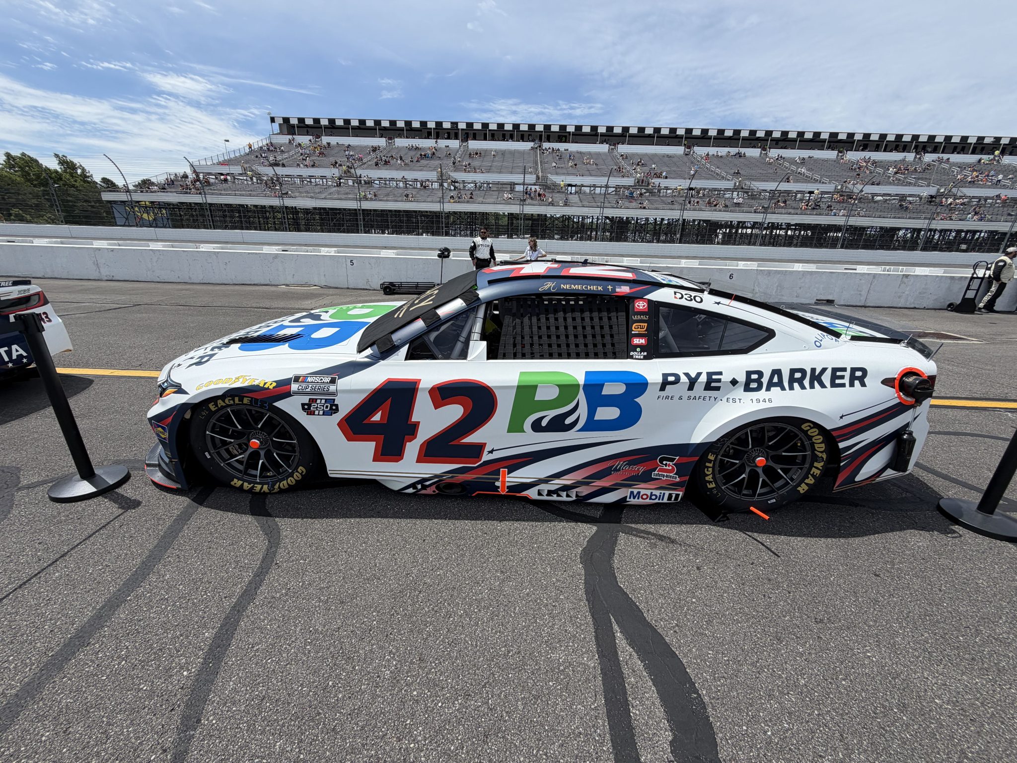 LONG POND, PENNSYLVANIA - JUNE 14: John Hunter Nemechek's #42 Pye Parker Fire & Safety Toyota prior to the NASCAR Cup Series Great American Getaway 400 presented by VISITPA at Pocono Raceway on June 14, 2026 in Long Pond, Pennsylvania. (Photo from Dustin Albino of Jayski.com)