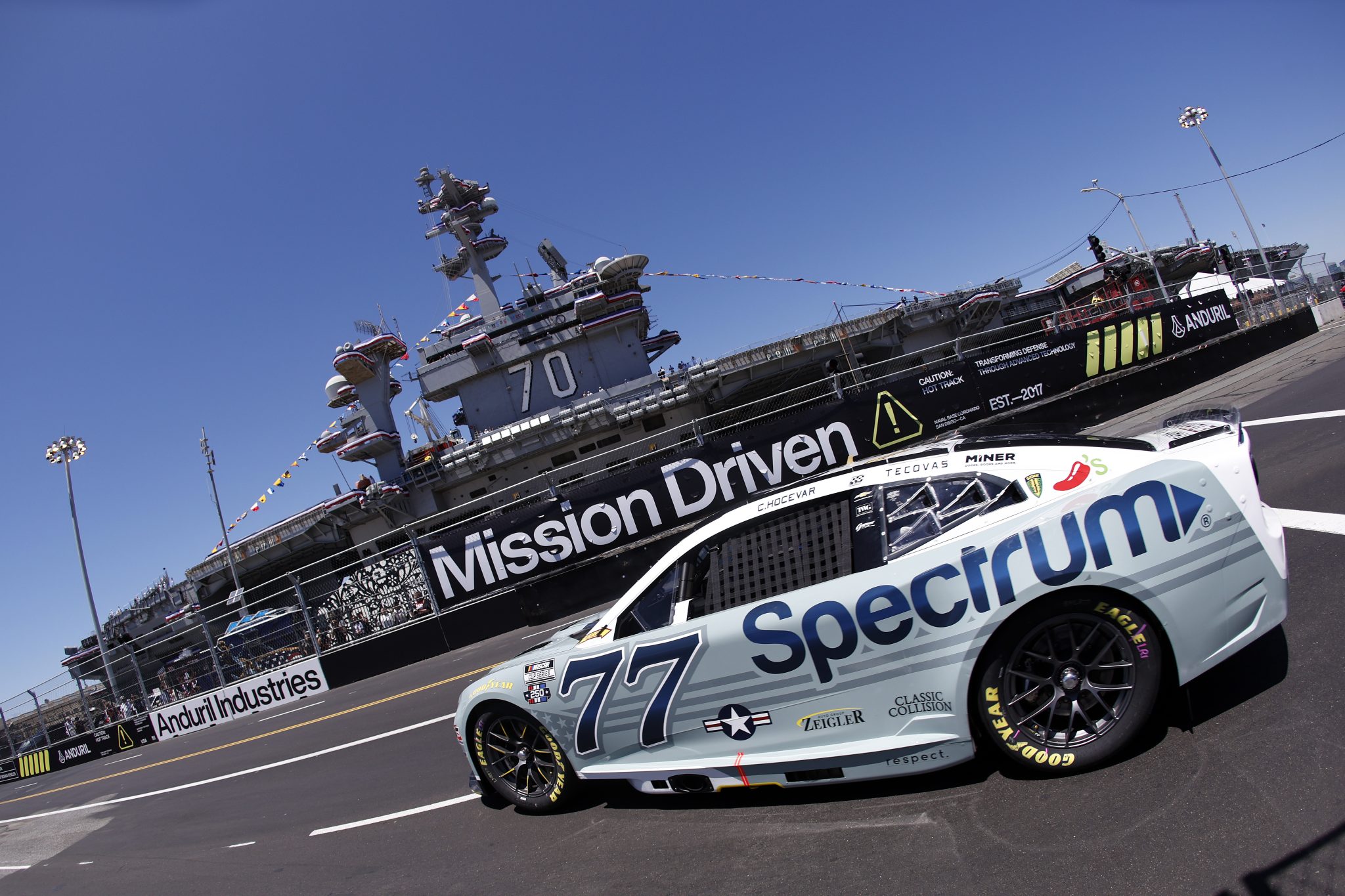 SAN DIEGO, CALIFORNIA - JUNE 19: Carson Hocevar, driver of the #77 Spectrum Chevrolet, drives during practice for the NASCAR Cup Series Anduril 250 at Naval Base Coronado on June 19, 2026 in San Diego, California. (Photo by Sean Gardner/Getty Images) | Getty Images