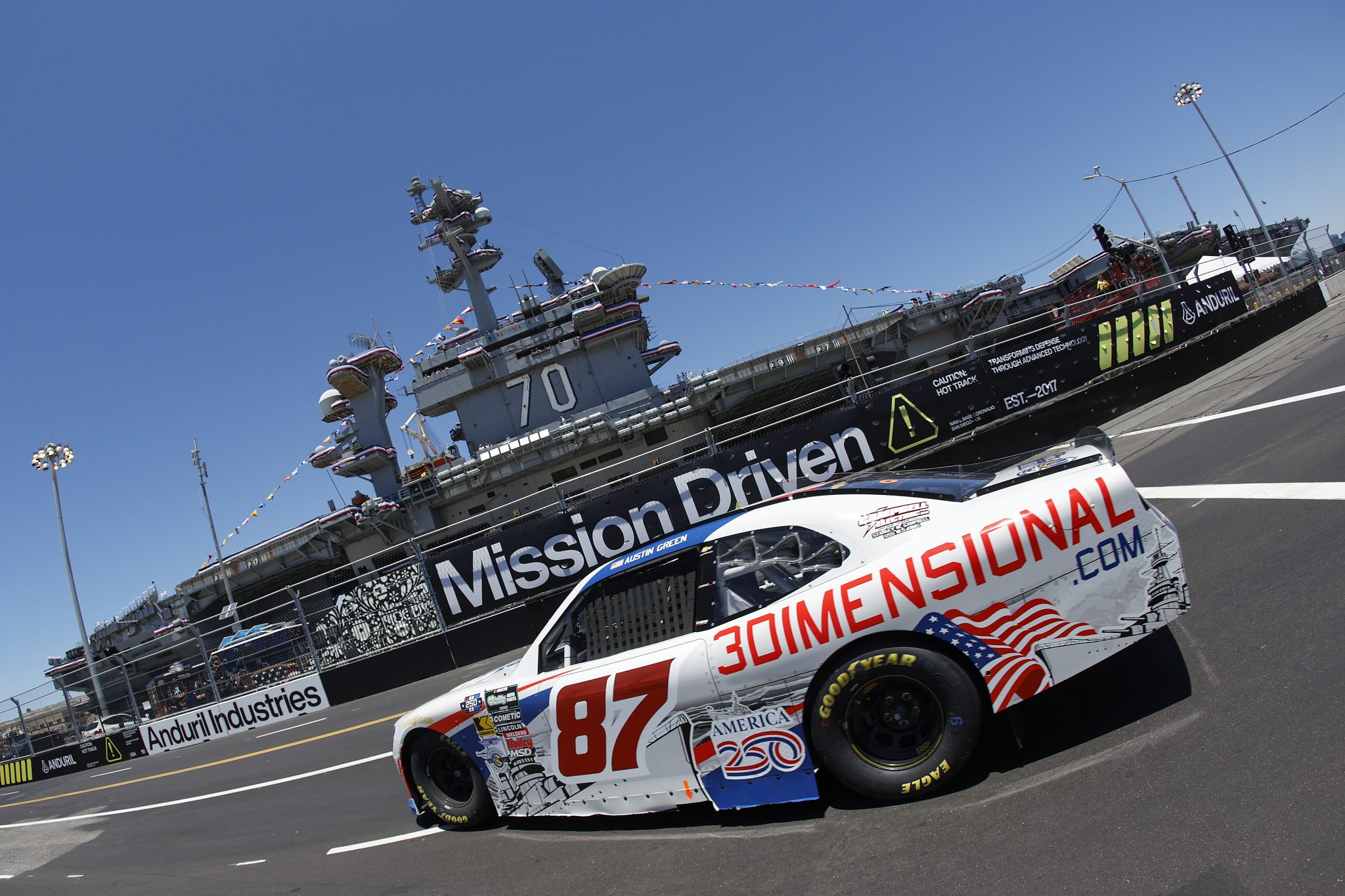 SAN DIEGO, CALIFORNIA - JUNE 19: Austin Green, driver of the #87 3-Dimensional Services Chevrolet, drives during practice for the NASCAR O'Reilly Auto Parts Series United Rentals Driven to Serve 250 at Naval Base Coronado on June 19, 2026 in San Diego, California. (Photo by Sean Gardner/Getty Images) | Getty Images