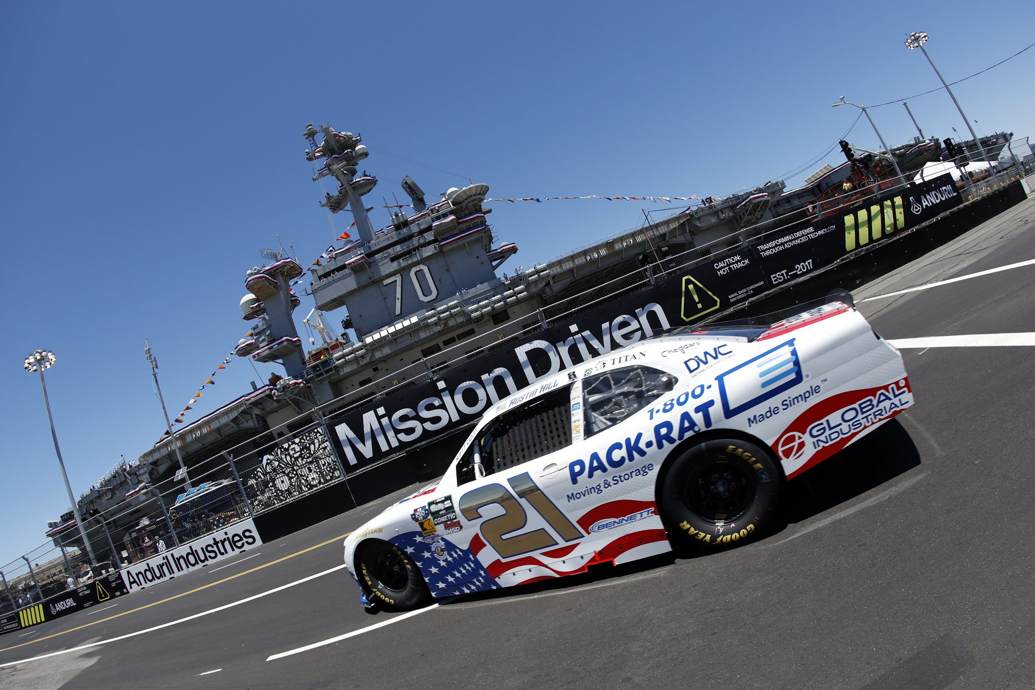SAN DIEGO, CALIFORNIA - JUNE 19: Austin Hill, driver of the #21 1-800-PACK-RAT Chevrolet, drives during practice for the NASCAR O'Reilly Auto Parts Series United Rentals Driven to Serve 250 at Naval Base Coronado on June 19, 2026 in San Diego, California. (Photo by Sean Gardner/Getty Images) | Getty Images