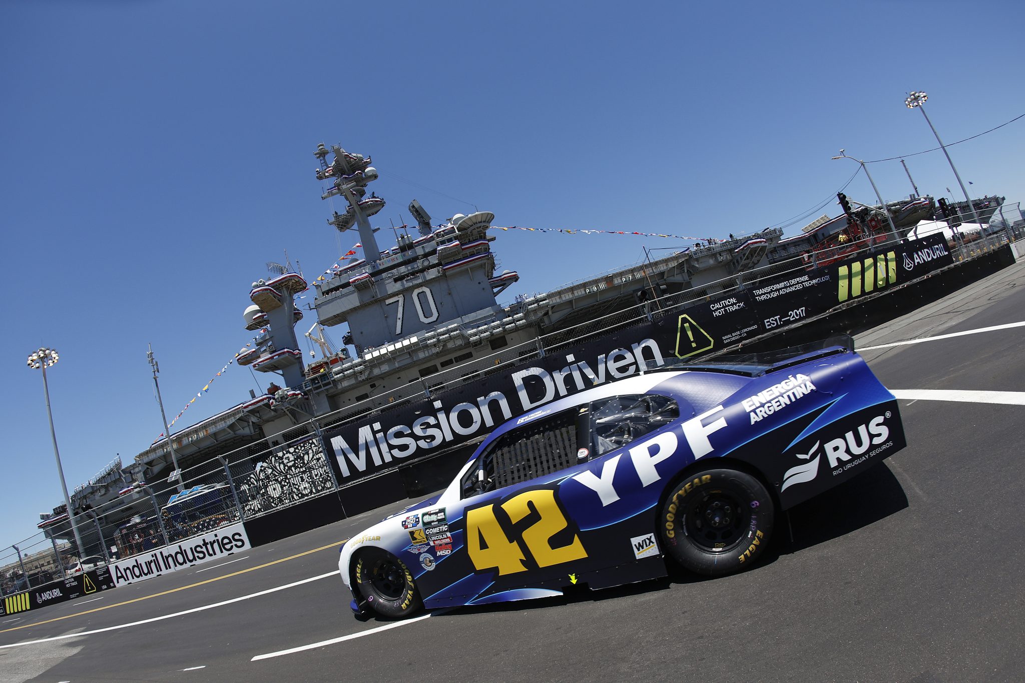 SAN DIEGO, CALIFORNIA - JUNE 19: Baltazar Leguizamon, driver of the #42 RUS Seguros Chevrolet, drives during practice for the NASCAR O'Reilly Auto Parts Series United Rentals Driven to Serve 250 at Naval Base Coronado on June 19, 2026 in San Diego, California. (Photo by Sean Gardner/Getty Images) | Getty Images