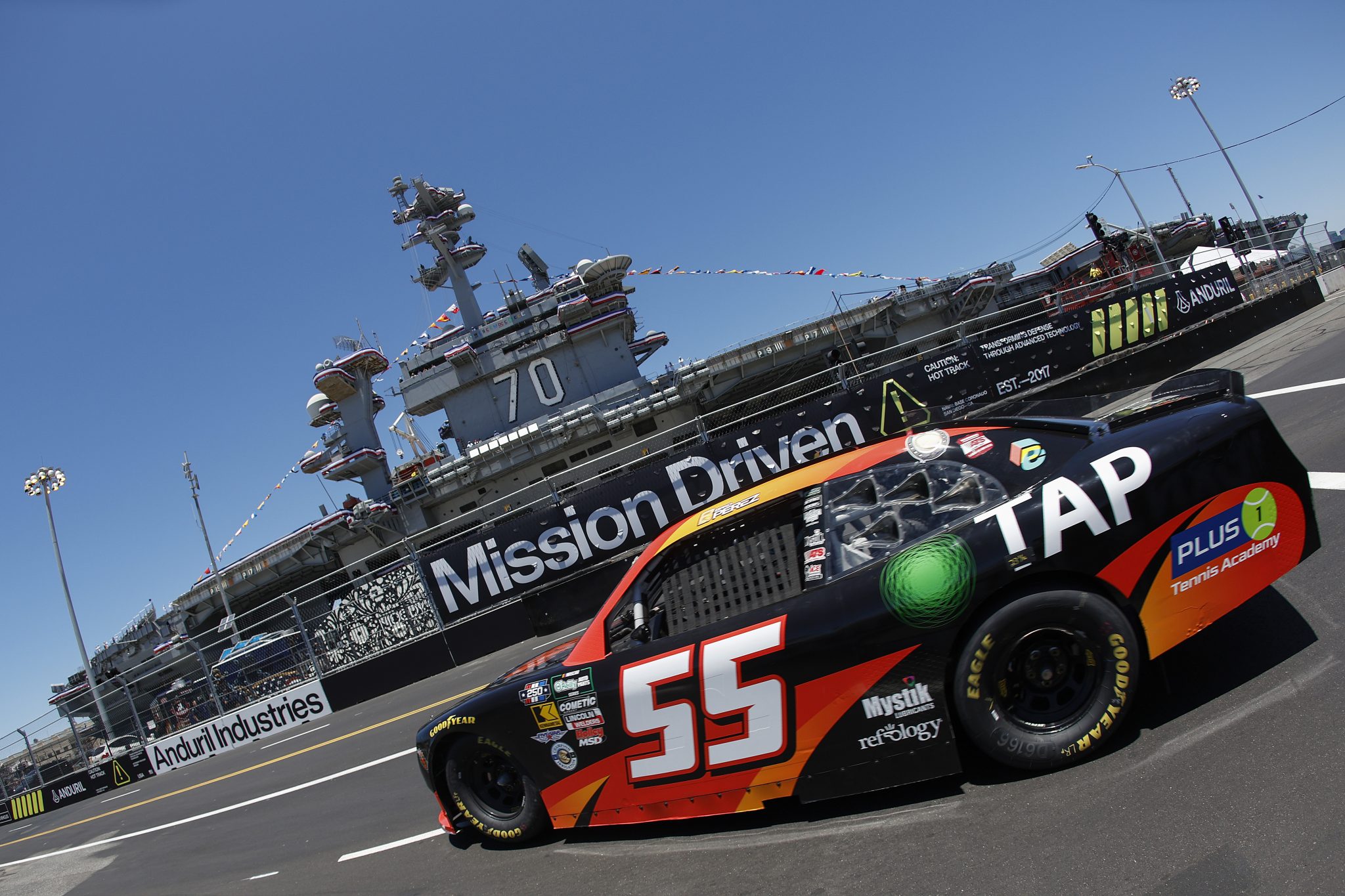 SAN DIEGO, CALIFORNIA - JUNE 19: Brad Perez, driver of the #55 Sacred Dose Energy Pouches Toyota, drives during practice for the NASCAR O'Reilly Auto Parts Series United Rentals Driven to Serve 250 at Naval Base Coronado on June 19, 2026 in San Diego, California. (Photo by Sean Gardner/Getty Images) | Getty Images