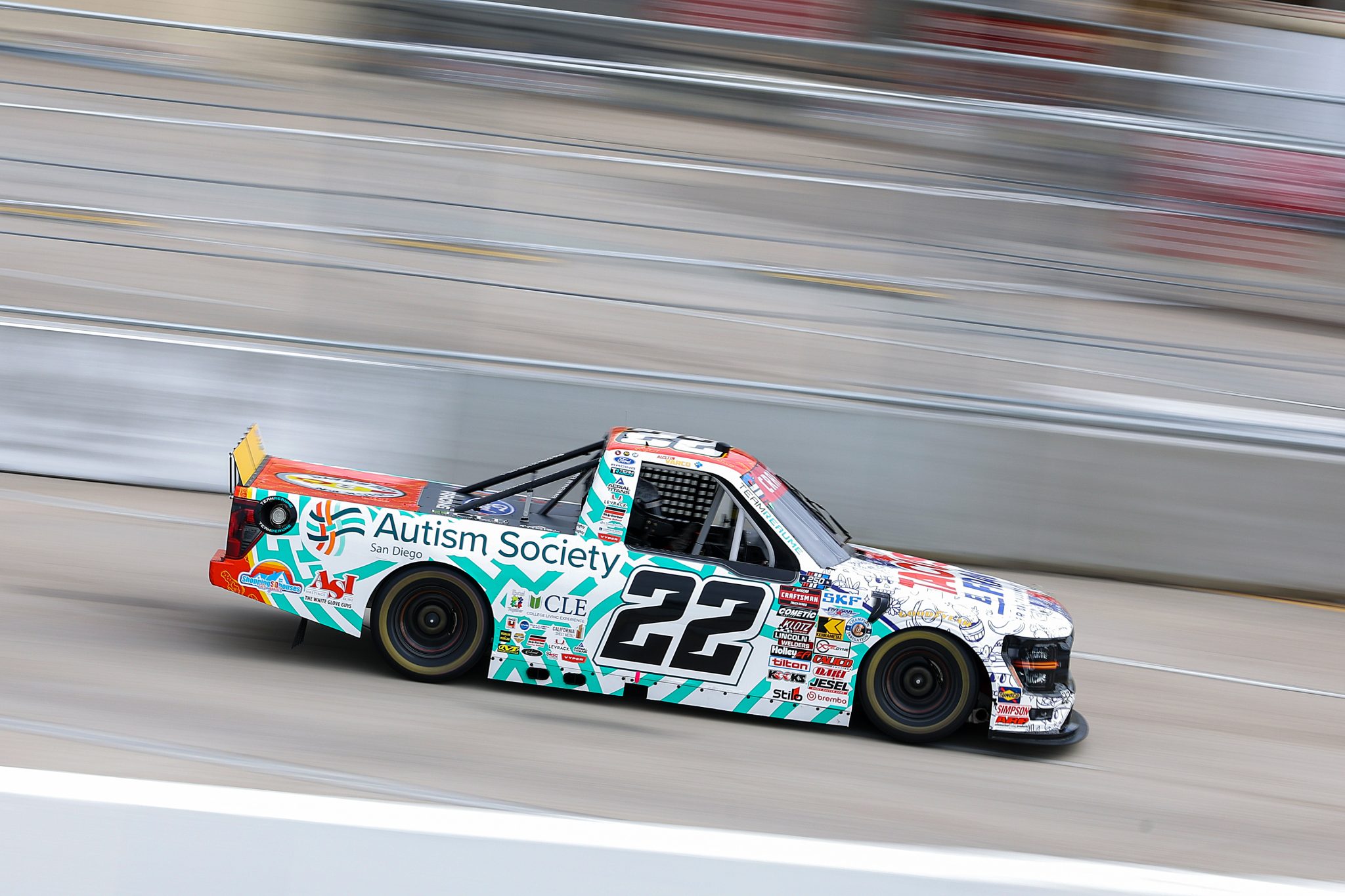 SAN DIEGO, CALIFORNIA - JUNE 19: Austin Varco, driver of the #22 Tacos El Franc/Dave's Hot Chicken/Autism Society San Diego Ford, drives during practice for the NASCAR Craftsman Truck Series Navy 250 at Naval Base Coronado on June 19, 2026 in San Diego, California. (Photo by David Jensen/Getty Images) | Getty Images
