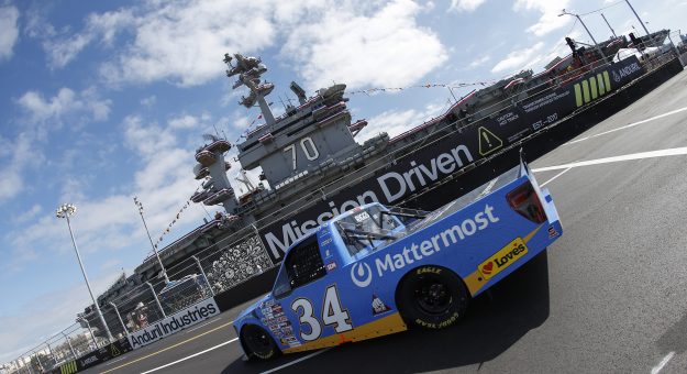 SAN DIEGO, CALIFORNIA - JUNE 19: Layne Riggs, driver of the #34 Mattermost Ford, drives during practice for the NASCAR Craftsman Truck Series Navy 250 at Naval Base Coronado on June 19, 2026 in San Diego, California. (Photo by Sean Gardner/Getty Images) | Getty Images