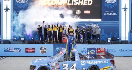 SAN DIEGO, CALIFORNIA - JUNE 19: Layne Riggs, driver of the #34 Mattermost Ford, celebrates in victory lane after winning the NASCAR Craftsman Truck Series Navy 250 at Naval Base Coronado on June 19, 2026 in San Diego, California. (Photo by Sean Gardner/Getty Images) | Getty Images