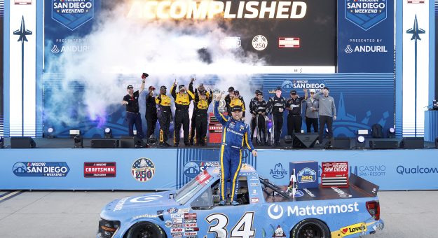 SAN DIEGO, CALIFORNIA - JUNE 19: Layne Riggs, driver of the #34 Mattermost Ford, celebrates in victory lane after winning the NASCAR Craftsman Truck Series Navy 250 at Naval Base Coronado on June 19, 2026 in San Diego, California. (Photo by Sean Gardner/Getty Images) | Getty Images