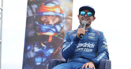SAN DIEGO, CALIFORNIA - JUNE 18: Kyle Larson speaks onstage at the NASCAR Announcement at USS Midway Museum on June 18, 2026 in San Diego, California.  (Photo by Joe Scarnici/Getty Images) | Getty Images