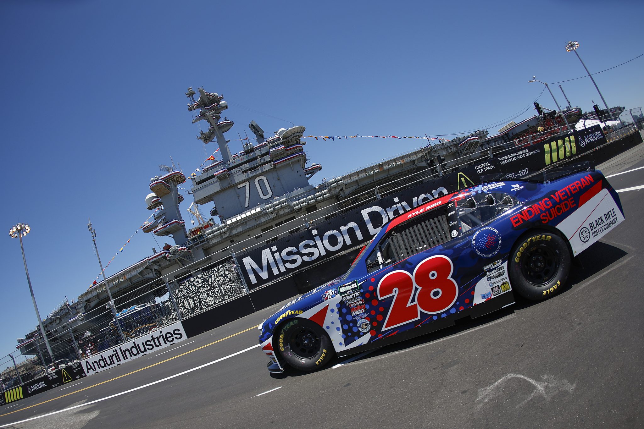 SAN DIEGO, CALIFORNIA - JUNE 19: Kyle Sieg, driver of the #28 VETS Ending Veteran Suicide/BRCC Chevrolet, drives during practice for the NASCAR O'Reilly Auto Parts Series United Rentals Driven to Serve 250 at Naval Base Coronado on June 19, 2026 in San Diego, California. (Photo by Sean Gardner/Getty Images) | Getty Images