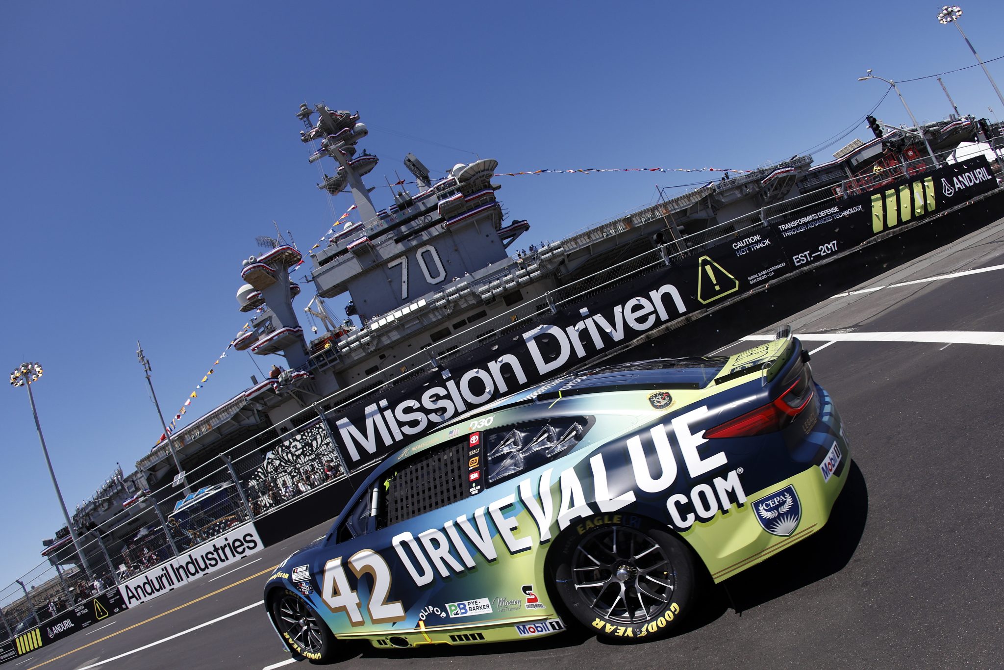 SAN DIEGO, CALIFORNIA - JUNE 19: John Hunter Nemechek, driver of the #42 DriveValue.com Toyota, drives during practice for the NASCAR Cup Series Anduril 250 at Naval Base Coronado on June 19, 2026 in San Diego, California. (Photo by Sean Gardner/Getty Images) | Getty Images