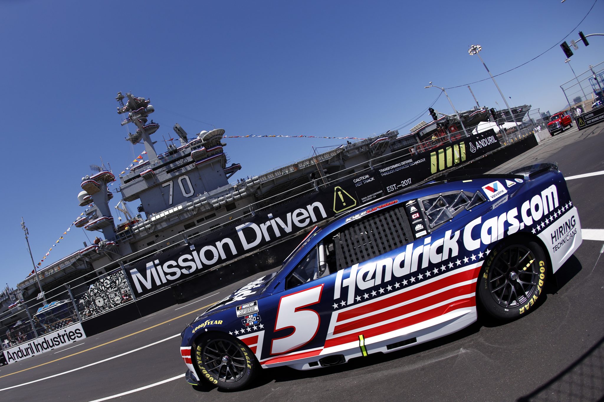 SAN DIEGO, CALIFORNIA - JUNE 19: Kyle Larson, driver of the #5 HendrickCars.com Chevrolet, drives during practice for the NASCAR Cup Series Anduril 250 at Naval Base Coronado on June 19, 2026 in San Diego, California. (Photo by Sean Gardner/Getty Images) | Getty Images