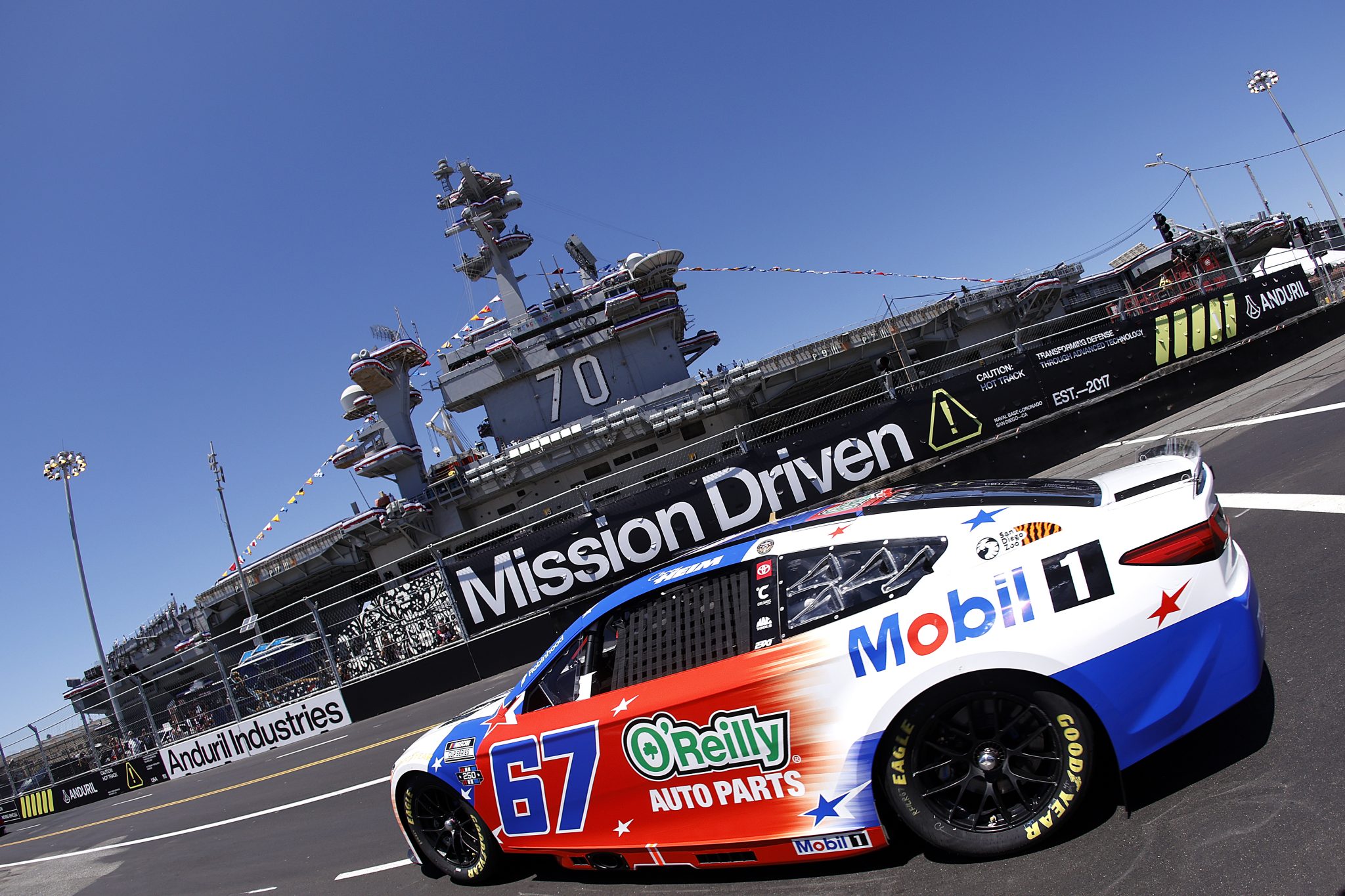 SAN DIEGO, CALIFORNIA - JUNE 19: Corey Heim, driver of the #67 Mobil 1/O'Reilly Auto Parts Toyota, drives during practice for the NASCAR Cup Series Anduril 250 at Naval Base Coronado on June 19, 2026 in San Diego, California. (Photo by Sean Gardner/Getty Images) | Getty Images
