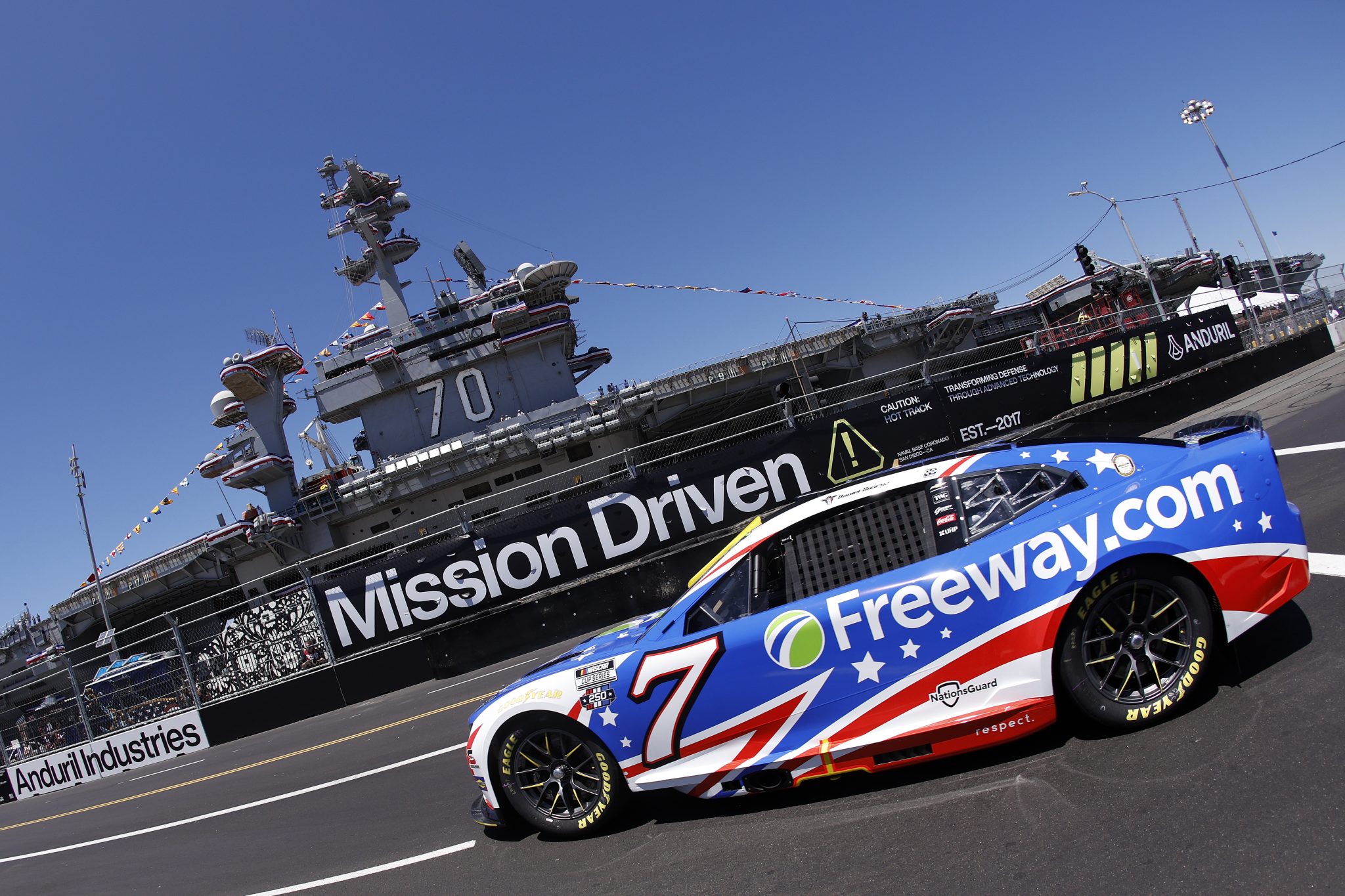 SAN DIEGO, CALIFORNIA - JUNE 19: Daniel Suarez, driver of the #7 Freeway Insurance Chevrolet, drives during practice for the NASCAR Cup Series Anduril 250 at Naval Base Coronado on June 19, 2026 in San Diego, California. (Photo by Sean Gardner/Getty Images) | Getty Images