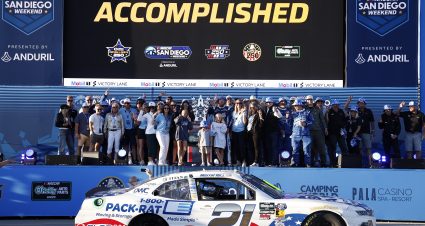 SAN DIEGO, CALIFORNIA - JUNE 20: Austin Hill, driver of the #21 1-800-PACK-RAT Chevrolet, crew and family celebrate in victory lane after winning the NASCAR O'Reilly Auto Parts Series United Rentals Driven to Serve 250 at Naval Base Coronado on June 20, 2026 in San Diego, California. (Photo by Sean Gardner/Getty Images) | Getty Images