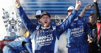 SAN DIEGO, CALIFORNIA - JUNE 20: Austin Hill, driver of the #21 1-800-PACK-RAT Chevrolet, celebrates in victory lane after winning the NASCAR O'Reilly Auto Parts Series United Rentals Driven to Serve 250 at Naval Base Coronado on June 20, 2026 in San Diego, California. (Photo by Sean Gardner/Getty Images) | Getty Images