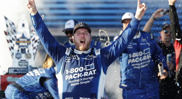 SAN DIEGO, CALIFORNIA - JUNE 20: Austin Hill, driver of the #21 1-800-PACK-RAT Chevrolet, celebrates in victory lane after winning the NASCAR O'Reilly Auto Parts Series United Rentals Driven to Serve 250 at Naval Base Coronado on June 20, 2026 in San Diego, California. (Photo by Sean Gardner/Getty Images) | Getty Images