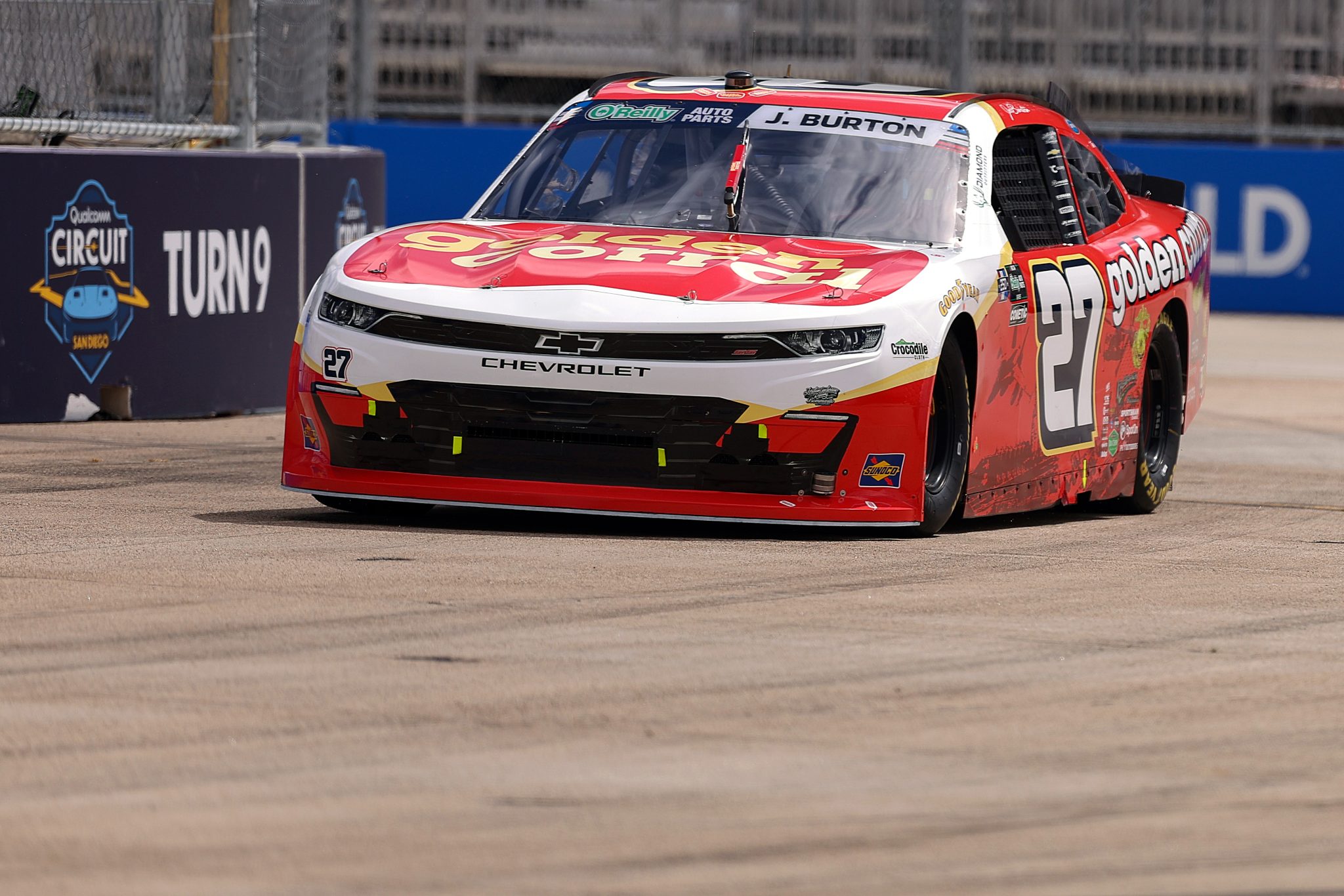 SAN DIEGO, CALIFORNIA - JUNE 20: Jeb Burton, driver of the #27 golden corral Chevrolet, drives during qualifying for the NASCAR O'Reilly Auto Parts Series United Rentals Driven to Serve 250 at Naval Base Coronado on June 20, 2026 in San Diego, California. (Photo by David Jensen/Getty Images) | Getty Images