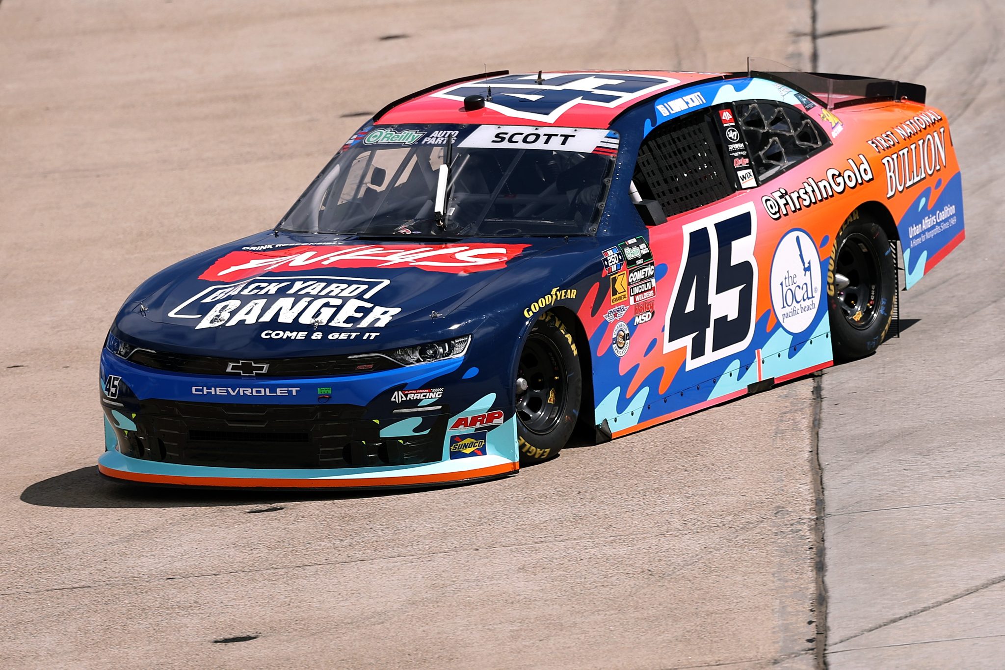 SAN DIEGO, CALIFORNIA - JUNE 20: Lavar Scott, driver of the #45 The Local Pacific Beach Chevrolet, drives during qualifying for the NASCAR O'Reilly Auto Parts Series United Rentals Driven to Serve 250 at Naval Base Coronado on June 20, 2026 in San Diego, California. (Photo by David Jensen/Getty Images) | Getty Images