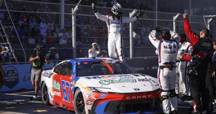 SAN DIEGO, CALIFORNIA - JUNE 21: Corey Heim, driver of the #67 Mobil 1/O'Reilly Auto Parts Toyota, and crew celebrate after winning the NASCAR Cup Series Anduril 250 at Naval Base Coronado on June 21, 2026 in San Diego, California. (Photo by Sean Gardner/Getty Images) | Getty Images