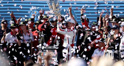 SAN DIEGO, CALIFORNIA - JUNE 21: Corey Heim, driver of the #67 Mobil 1/O'Reilly Auto Parts Toyota, celebrates in victory lane after winning the NASCAR Cup Series Anduril 250 at Naval Base Coronado on June 21, 2026 in San Diego, California. (Photo by James Gilbert/Getty Images) | Getty Images