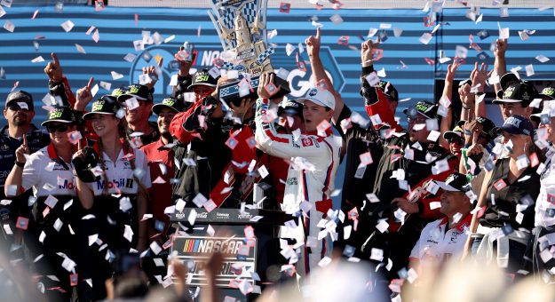SAN DIEGO, CALIFORNIA - JUNE 21: Corey Heim, driver of the #67 Mobil 1/O'Reilly Auto Parts Toyota, celebrates in victory lane after winning the NASCAR Cup Series Anduril 250 at Naval Base Coronado on June 21, 2026 in San Diego, California. (Photo by James Gilbert/Getty Images) | Getty Images