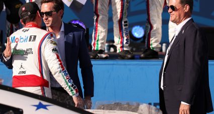 SAN DIEGO, CALIFORNIA - JUNE 21: Ben Kennedy, NASCAR Chief Operating Officer (L) and NASCAR Chief Executive Officer Steve O’Donnell congratulate Corey Heim, driver of the #67 Mobil 1/O'Reilly Auto Parts Toyota, in victory lane after winning the NASCAR Cup Series Anduril 250 at Naval Base Coronado on June 21, 2026 in San Diego, California. (Photo by David Jensen/Getty Images) | Getty Images
