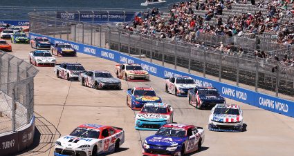 SAN DIEGO, CALIFORNIA - JUNE 20: Brent Crews, driver of the #19 Mobil 1 Toyota, and Parker Retzlaff, driver of the #99 SA Recycling Chevrolet, race  during the NASCAR O'Reilly Auto Parts Series United Rentals Driven to Serve 250 at Naval Base Coronado on June 20, 2026 in San Diego, California. (Photo by David Jensen/Getty Images) | Getty Images