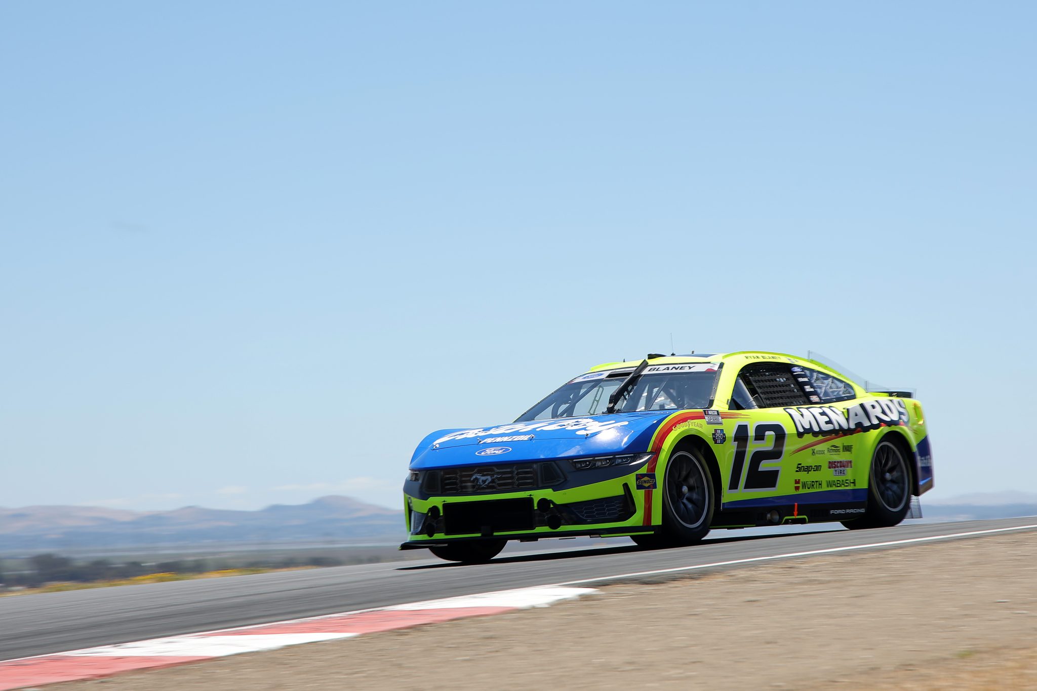 SONOMA, CALIFORNIA - JUNE 27: Ryan Blaney, driver of the #12 Menards/Dutch Boy Ford, drives during practice for the NASCAR Cup Series Toyota/Save Mart 350 at Sonoma Raceway on June 27, 2026 in Sonoma, California. (Photo by Jonathan Bachman/Getty Images) | Getty Images