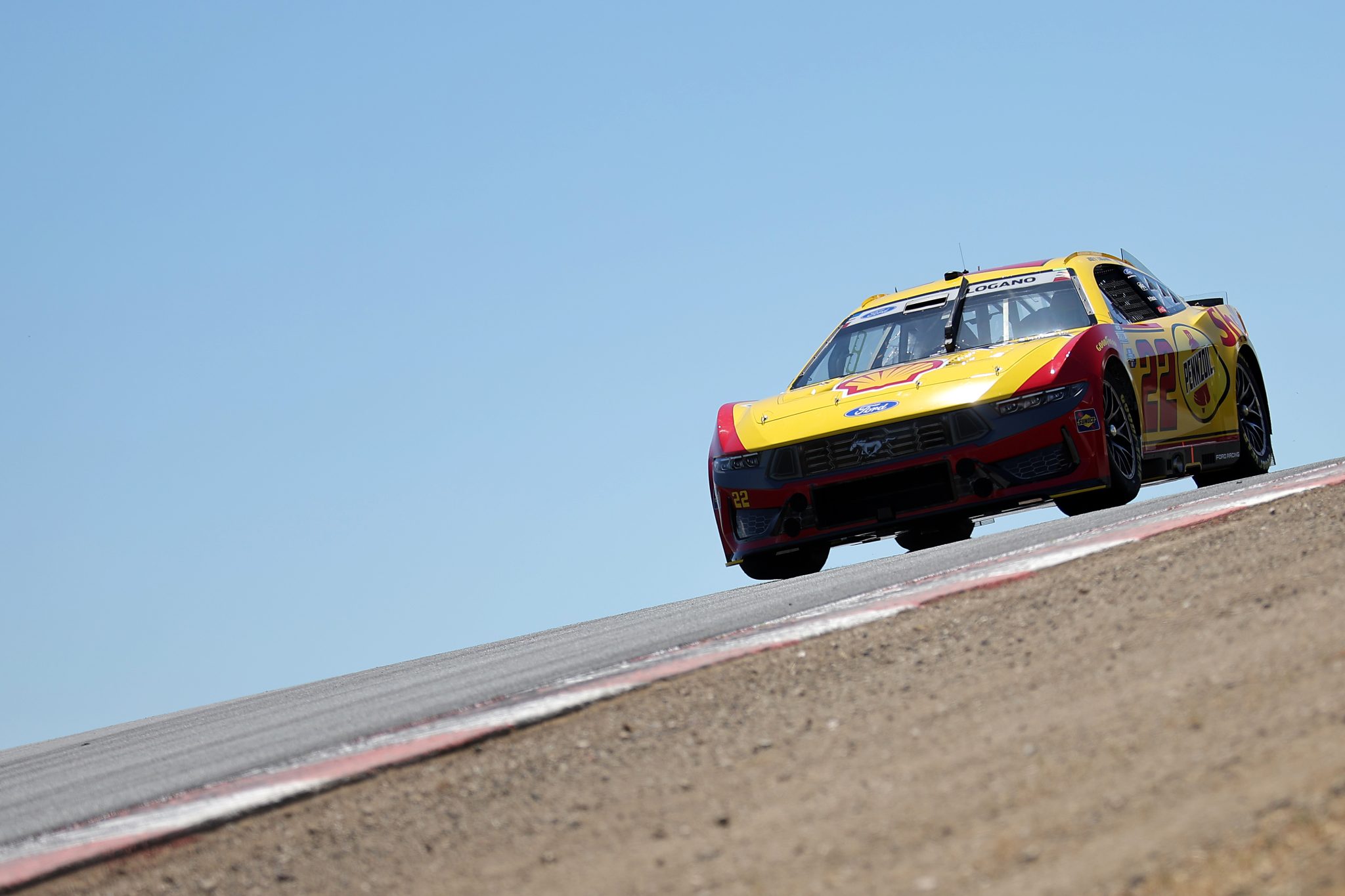 SONOMA, CALIFORNIA - JUNE 27: Joey Logano, driver of the #22 Shell Pennzoil Ford, drives during practice for the NASCAR Cup Series Toyota/Save Mart 350 at Sonoma Raceway on June 27, 2026 in Sonoma, California. (Photo by Jonathan Bachman/Getty Images) | Getty Images