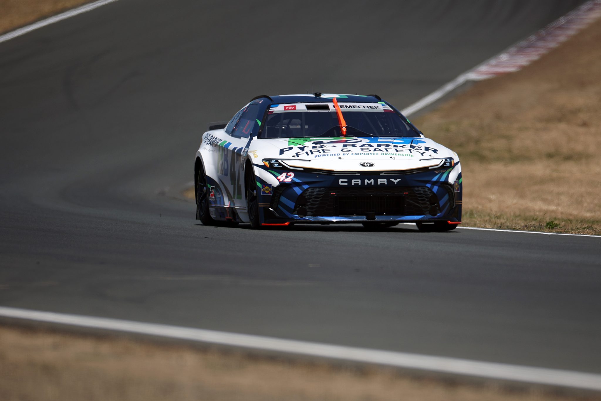 SONOMA, CALIFORNIA - JUNE 27: John H. Nemechek, driver of the #42 Pye-Barker Fire & Safety Toyota, drives during qualifying for the NASCAR Cup Series Toyota/Save Mart 350 at Sonoma Raceway on June 27, 2026 in Sonoma, California. (Photo by James Gilbert/Getty Images) | Getty Images