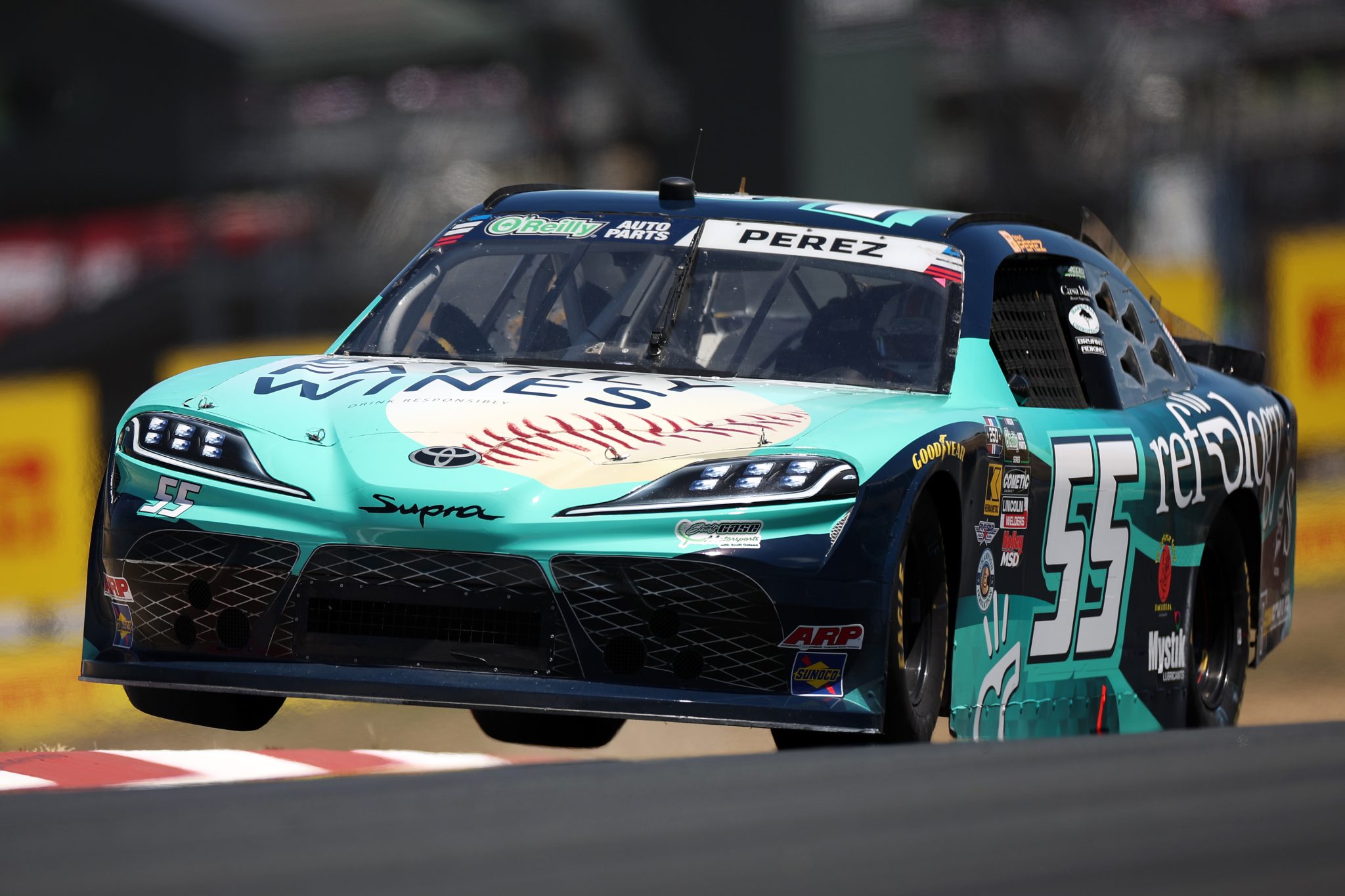 SONOMA, CALIFORNIA - JUNE 26: Brad Perez, driver of the #55 Baker Family Wines Toyota, drives during practice for the NASCAR O'Reilly Auto Parts Series Pit Boss/FoodMaxx 250 at Sonoma Raceway on June 26, 2026 in Sonoma, California. (Photo by James Gilbert/Getty Images) | Getty Images