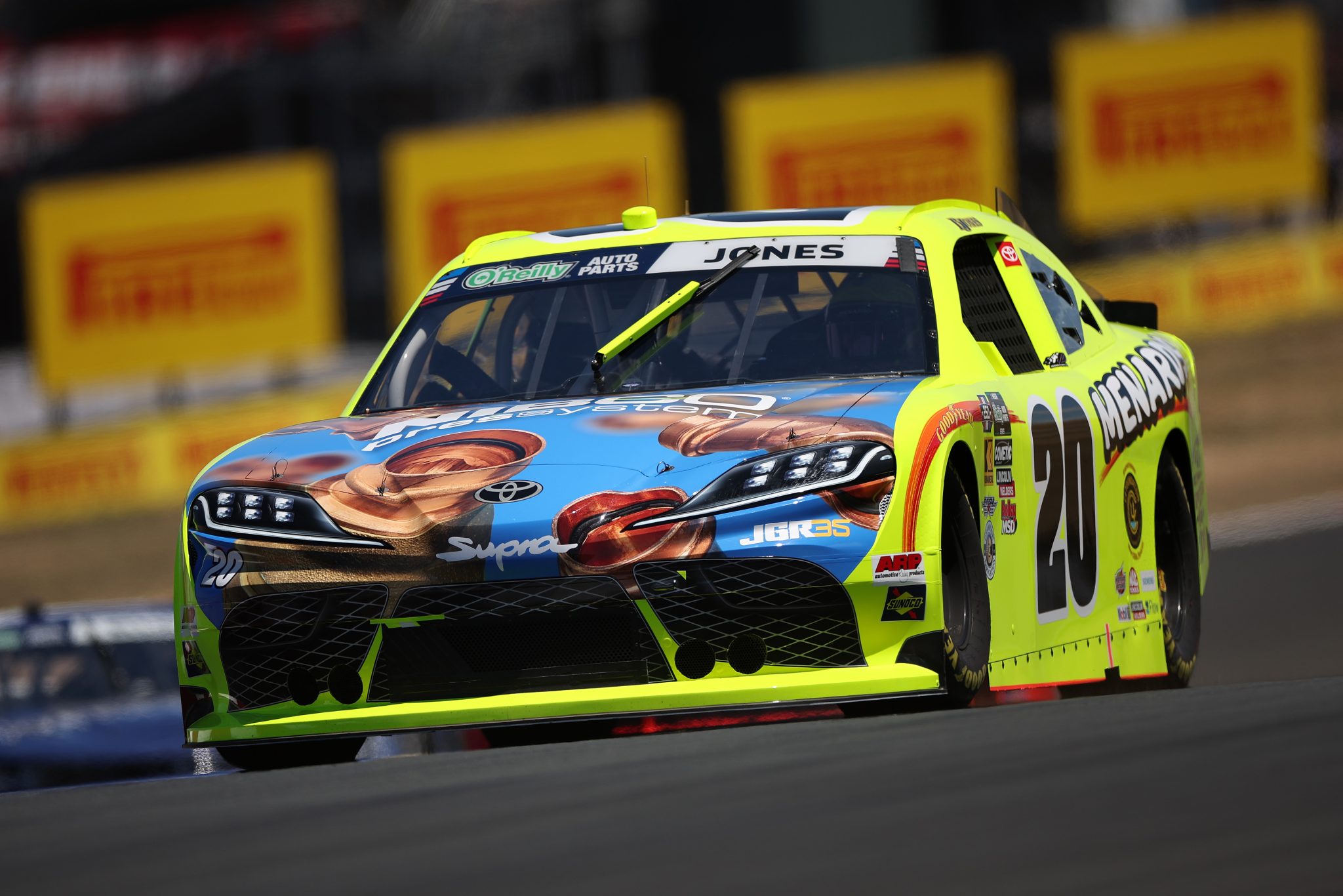 SONOMA, CALIFORNIA - JUNE 26: Brandon Jones, driver of the #20 Menards/NIBCO Toyota, drives during practice for the NASCAR O'Reilly Auto Parts Series Pit Boss/FoodMaxx 250 at Sonoma Raceway on June 26, 2026 in Sonoma, California. (Photo by James Gilbert/Getty Images) | Getty Images
