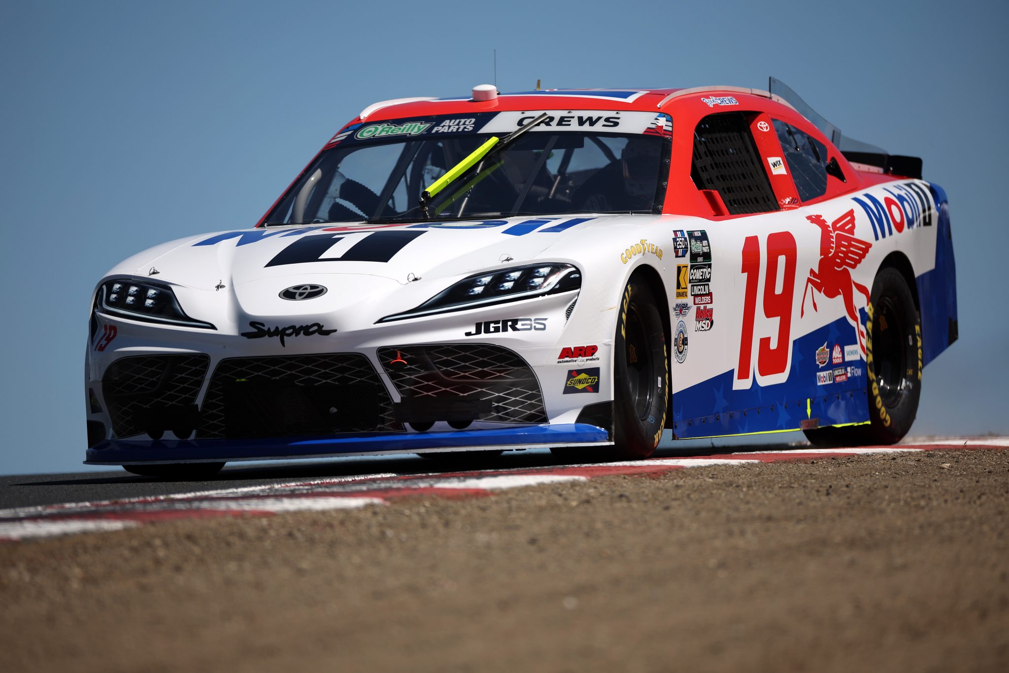 SONOMA, CALIFORNIA - JUNE 26: Brent Crews, driver of the #19 Mobil 1 Toyota, drives during qualifying for the NASCAR O'Reilly Auto Parts Series Pit Boss/FoodMaxx 250 at Sonoma Raceway on June 26, 2026 in Sonoma, California. (Photo by James Gilbert/Getty Images) | Getty Images