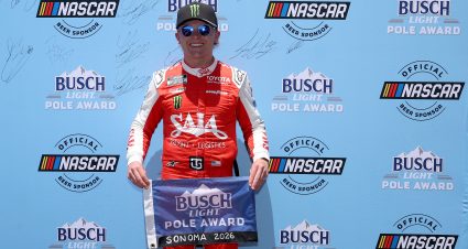 SONOMA, CALIFORNIA - JUNE 27: Ty Gibbs, driver of the #54 SAIA Freight + Logistics Toyota, poses for photos after winning the pole award during qualifying for the NASCAR Cup Series Toyota/Save Mart 350 at Sonoma Raceway on June 27, 2026 in Sonoma, California. (Photo by James Gilbert/Getty Images) | Getty Images