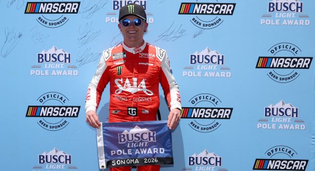 SONOMA, CALIFORNIA - JUNE 27: Ty Gibbs, driver of the #54 SAIA Freight + Logistics Toyota, poses for photos after winning the pole award during qualifying for the NASCAR Cup Series Toyota/Save Mart 350 at Sonoma Raceway on June 27, 2026 in Sonoma, California. (Photo by James Gilbert/Getty Images) | Getty Images