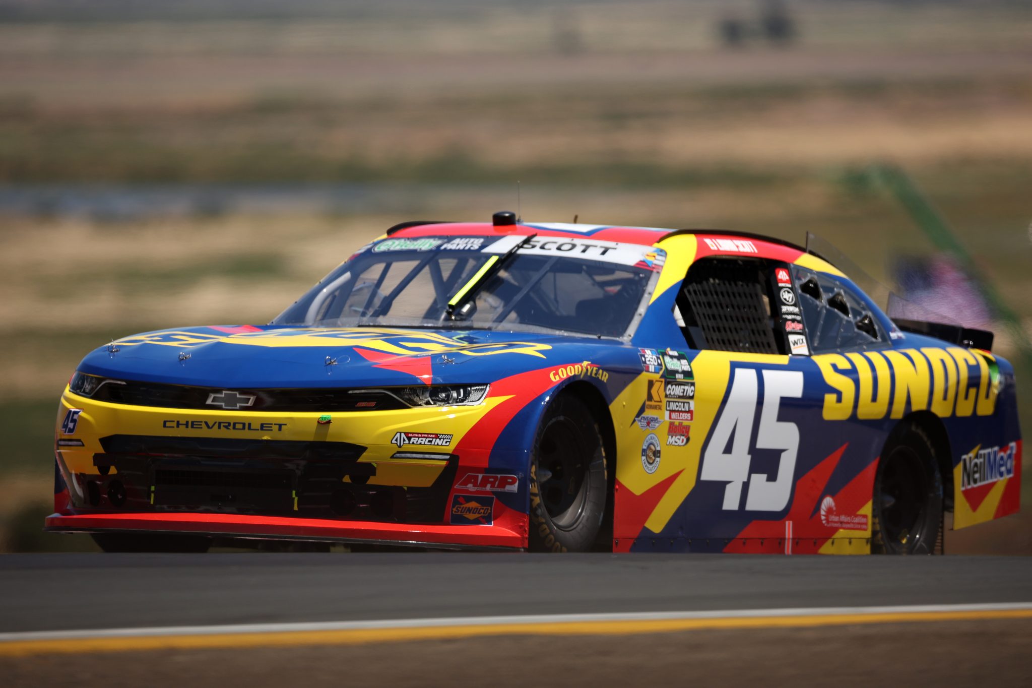 SONOMA, CALIFORNIA - JUNE 26: Lavar Scott, driver of the #45 Sunoco Chevrolet, drives during practice for the NASCAR O'Reilly Auto Parts Series Pit Boss/FoodMaxx 250 at Sonoma Raceway on June 26, 2026 in Sonoma, California. (Photo by James Gilbert/Getty Images) | Getty Images