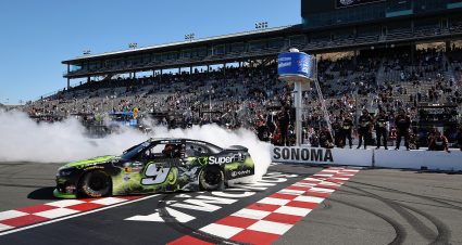 SONOMA, CALIFORNIA - JUNE 27: Shane Van Gisbergen, driver of the #9 SuperFile Chevrolet, celebrates with a burnout after winning the NASCAR O'Reilly Auto Parts Series Pit Boss/FoodMaxx 250 at Sonoma Raceway on June 27, 2026 in Sonoma, California. (Photo by James Gilbert/Getty Images) | Getty Images