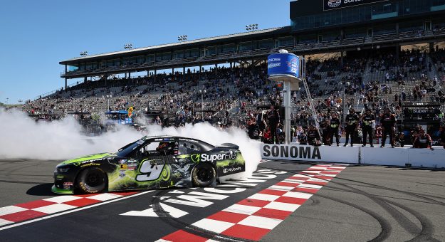 SONOMA, CALIFORNIA - JUNE 27: Shane Van Gisbergen, driver of the #9 SuperFile Chevrolet, celebrates with a burnout after winning the NASCAR O'Reilly Auto Parts Series Pit Boss/FoodMaxx 250 at Sonoma Raceway on June 27, 2026 in Sonoma, California. (Photo by James Gilbert/Getty Images) | Getty Images