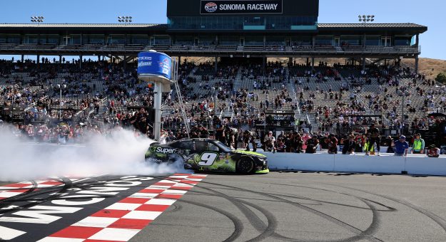 SONOMA, CALIFORNIA - JUNE 27: Shane Van Gisbergen, driver of the #9 SuperFile Chevrolet, celebrates with a burnout after winning the NASCAR O'Reilly Auto Parts Series Pit Boss/FoodMaxx 250 at Sonoma Raceway on June 27, 2026 in Sonoma, California. (Photo by James Gilbert/Getty Images) | Getty Images