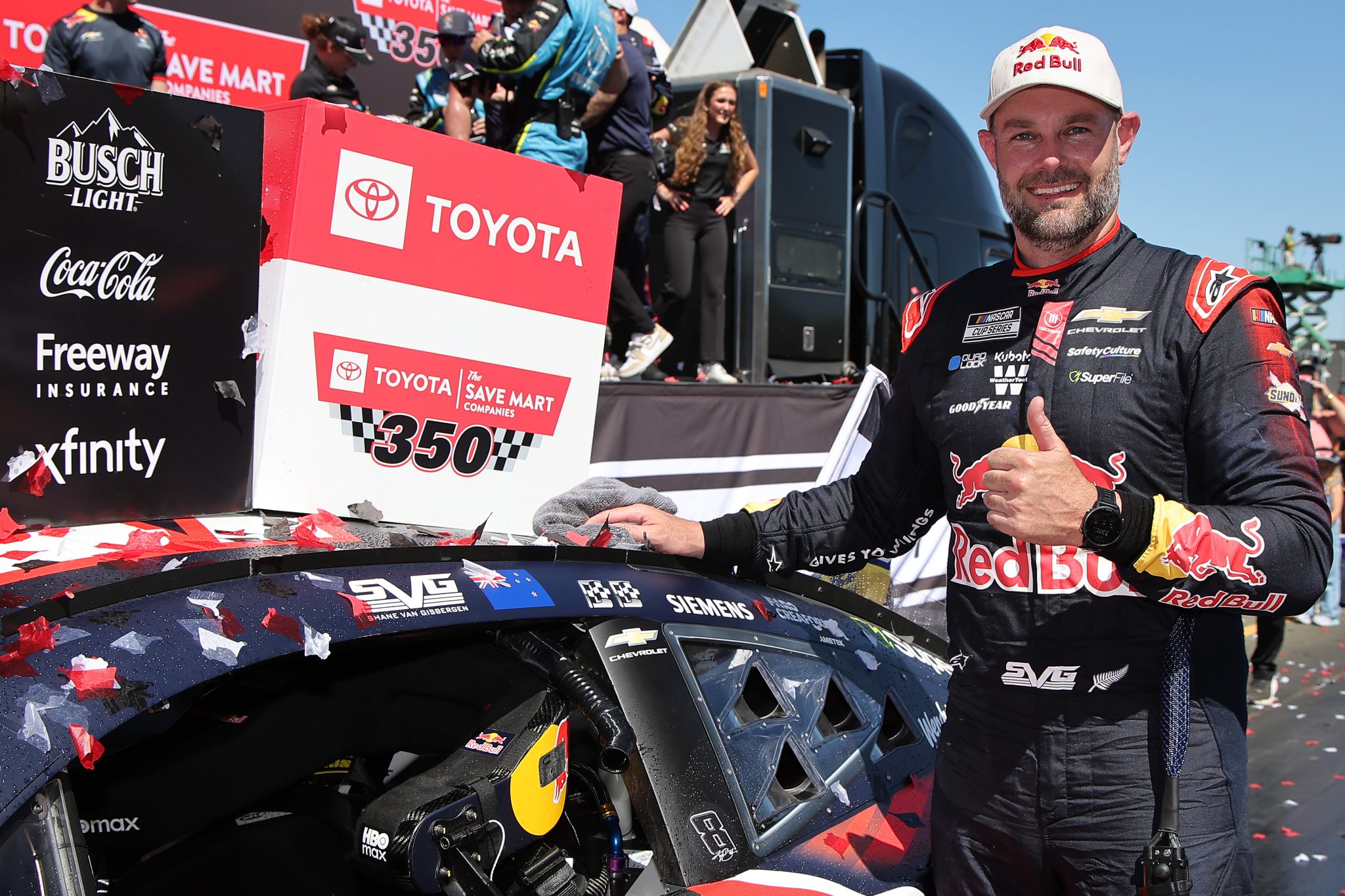 SONOMA, CALIFORNIA - JUNE 28: Shane Van Gisbergen, driver of the #97 Red Bull Chevrolet, poses with the winner sticker on his car in victory lane after winning the NASCAR Cup Series Toyota/Save Mart 350 at Sonoma Raceway on June 28, 2026 in Sonoma, California. (Photo by Jonathan Bachman/Getty Images) | Getty Images