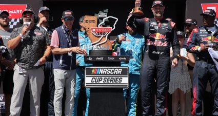SONOMA, CALIFORNIA - JUNE 28: Shane Van Gisbergen, driver of the #97 Red Bull Chevrolet, celebrates in victory lane after winning the NASCAR Cup Series Toyota/Save Mart 350 at Sonoma Raceway on June 28, 2026 in Sonoma, California. (Photo by Jonathan Bachman/Getty Images) | Getty Images