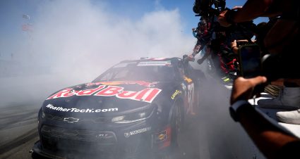 SONOMA, CALIFORNIA - JUNE 28: Shane Van Gisbergen, driver of the #97 Red Bull Chevrolet, celebrates with a burnout in front of his crew on the wall after winning the NASCAR Cup Series Toyota/Save Mart 350 at Sonoma Raceway on June 28, 2026 in Sonoma, California. (Photo by James Gilbert/Getty Images) | Getty Images