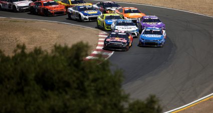 SONOMA, CALIFORNIA - JUNE 28: Shane Van Gisbergen, driver of the #97 Red Bull Chevrolet, and Kyle Larson, driver of the #5 HendrickCars.com Chevrolet, lead the field during the NASCAR Cup Series Toyota/Save Mart 350 at Sonoma Raceway on June 28, 2026 in Sonoma, California. (Photo by James Gilbert/Getty Images) | Getty Images