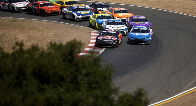 SONOMA, CALIFORNIA - JUNE 28: Shane Van Gisbergen, driver of the #97 Red Bull Chevrolet, and Kyle Larson, driver of the #5 HendrickCars.com Chevrolet, lead the field during the NASCAR Cup Series Toyota/Save Mart 350 at Sonoma Raceway on June 28, 2026 in Sonoma, California. (Photo by James Gilbert/Getty Images) | Getty Images