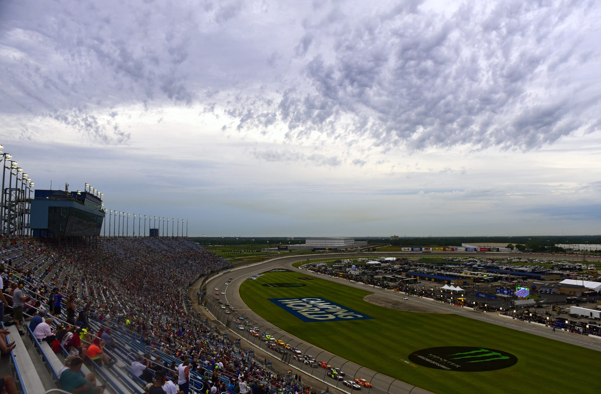 JOLIET, ILLINOIS - JUNE 30: Kevin Harvick, driver of the #4 Jimmy John's Ford, and Kyle Larson, driver of the #42 McDonald's Chevrolet, lead the field during the Monster Energy NASCAR Cup Series Camping World 400 at Chicagoland Speedway on June 30, 2019 in Joliet, Illinois. (Photo by Jared C. Tilton/Getty Images) | Getty Images